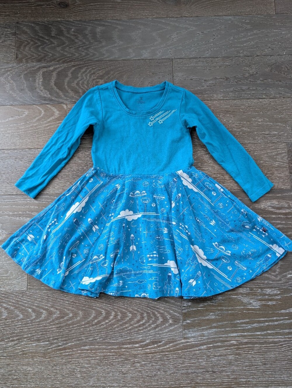 Princess Awesome Teal Blue Space Rocket Long Sleeve Skater Dress Size 5